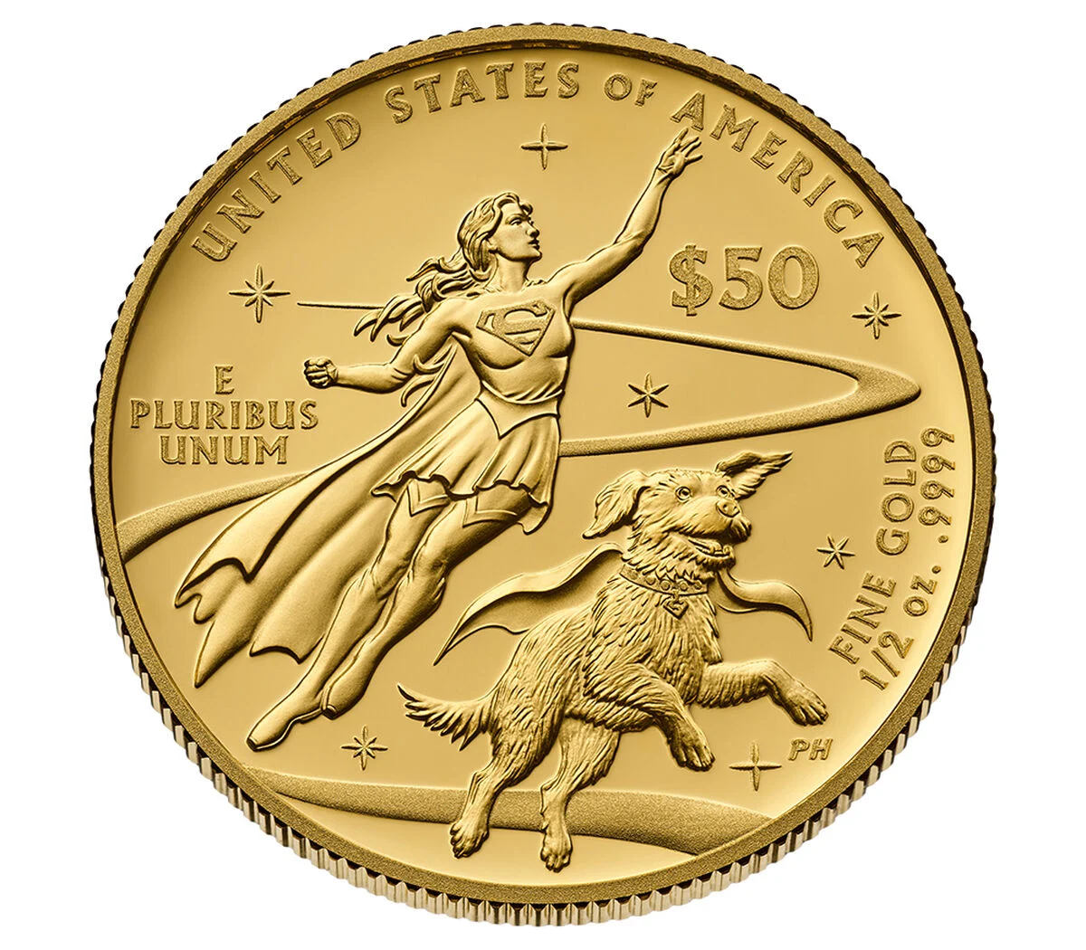 Supergirl 24-karat gold proof coin reverse featuring Krypto