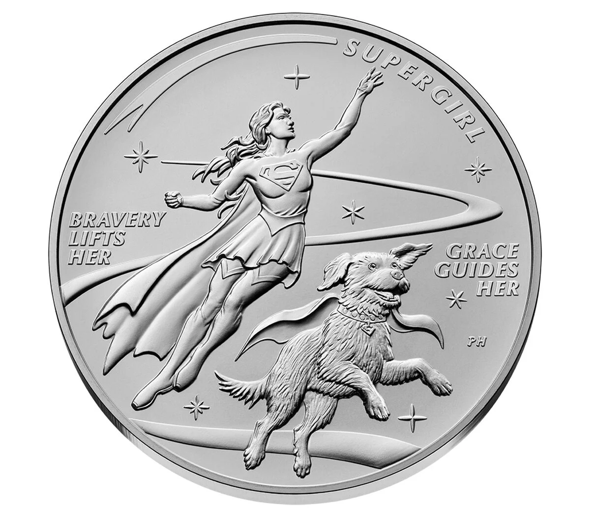 Supergirl one-ounce silver medal reverse featuring Krypto